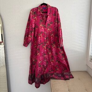 RO'S GARDEN 100% Cotton Pink Floral Long Sleeve Button Down Tiered Maxi Dress
